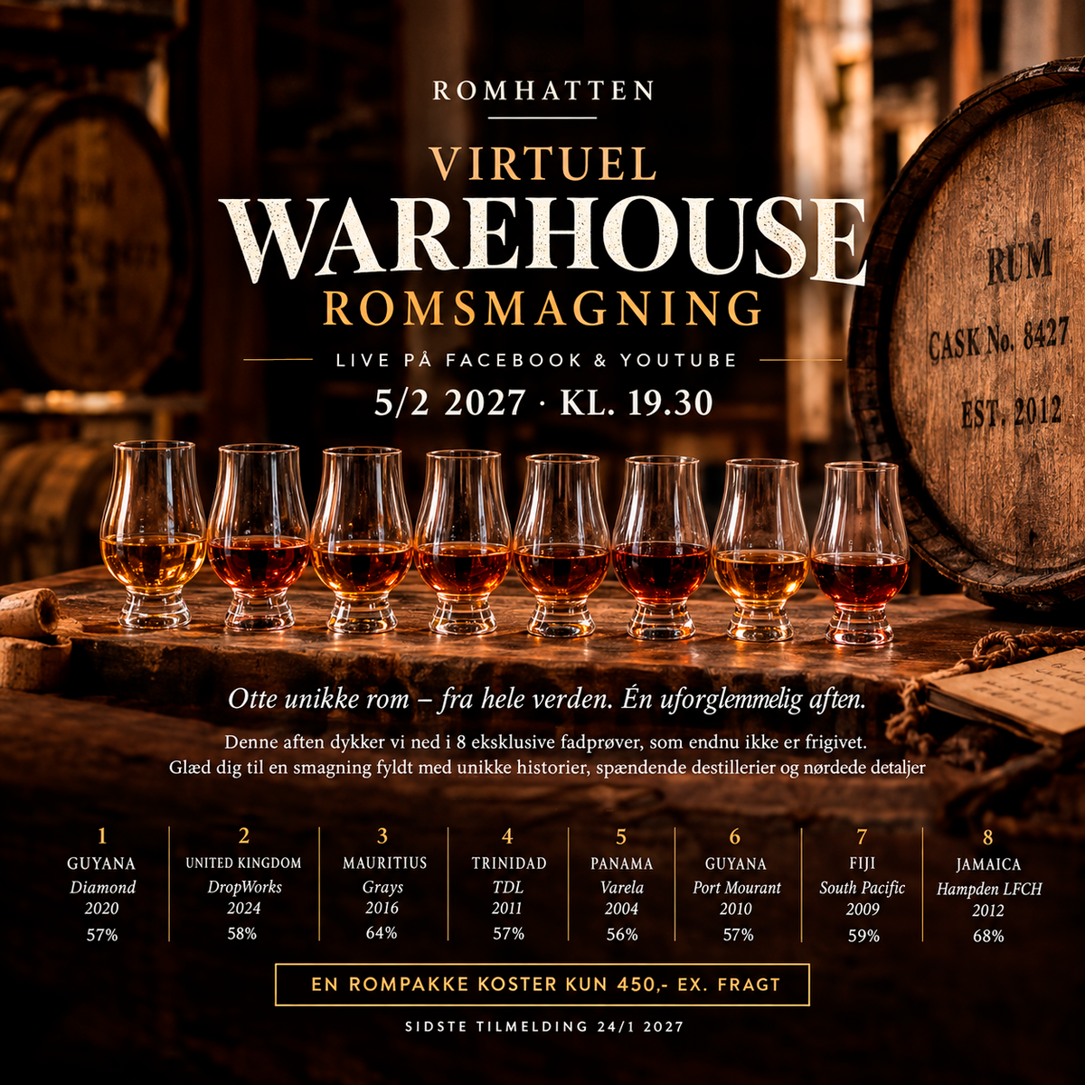 Plakat: Virtuel warehouse-romsmagning live på Facebook og YouTube 5. februar 2027 kl. 19.30