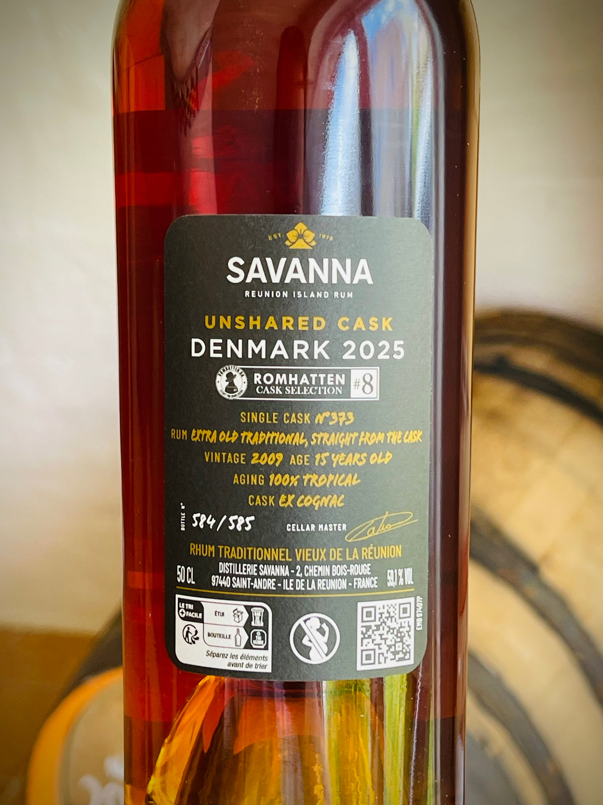 Etiket: Savanna single cask #373, vintage 2009, 15 år tropisk, ex-cognac