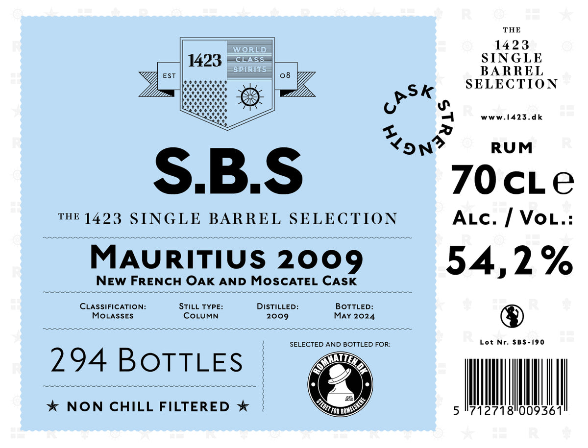 Etiket på S.B.S Mauritius 2009: cask strength 54,2 %, 294 flasker