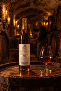 Daniel Bouju Cognac 2015 Single Cask F24 – Romhatten Cask Selection #14 på en tønde i en cognackælder med et glas cognac