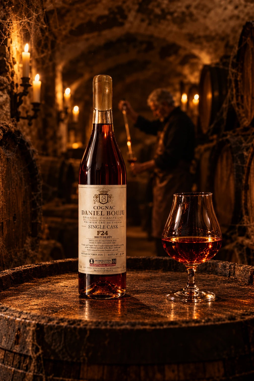Daniel Bouju Cognac 2015 Single Cask F24 – Romhatten Cask Selection #14 på en tønde i en cognackælder med et glas cognac