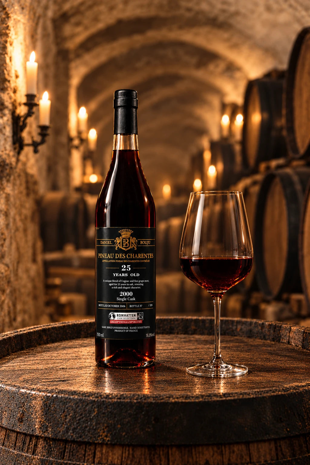 Daniel Bouju Pineau des Charentes 2000 – Romhatten Cask Selection #15 på en tønde i en kælder med et vinglas