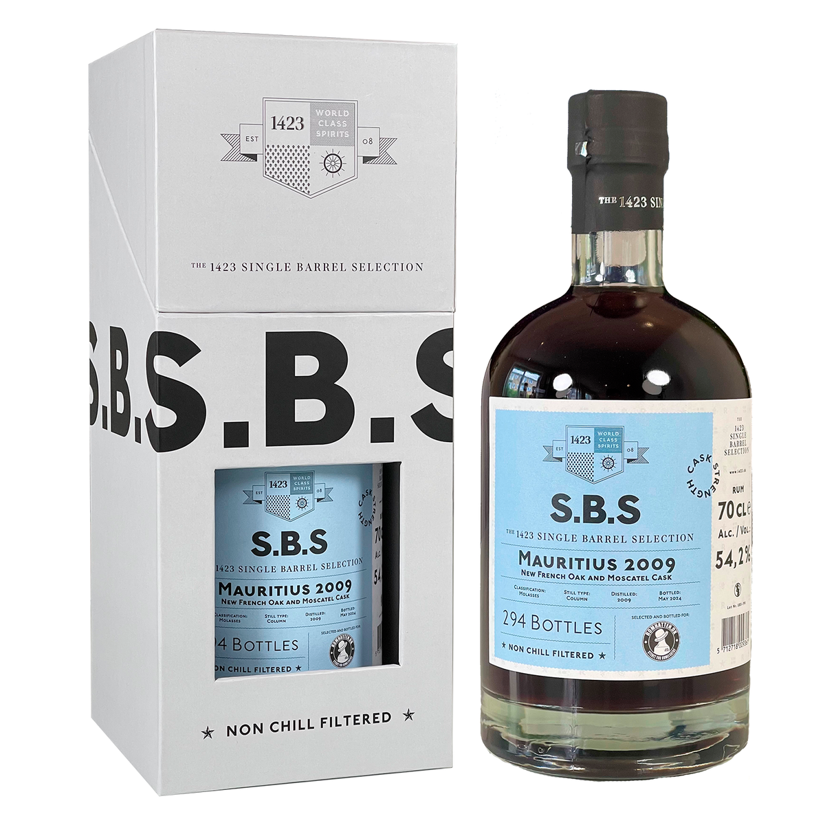 S.B.S Mauritius 2009 New French Oak and Moscatel Cask 54,2 %, flaske og æske