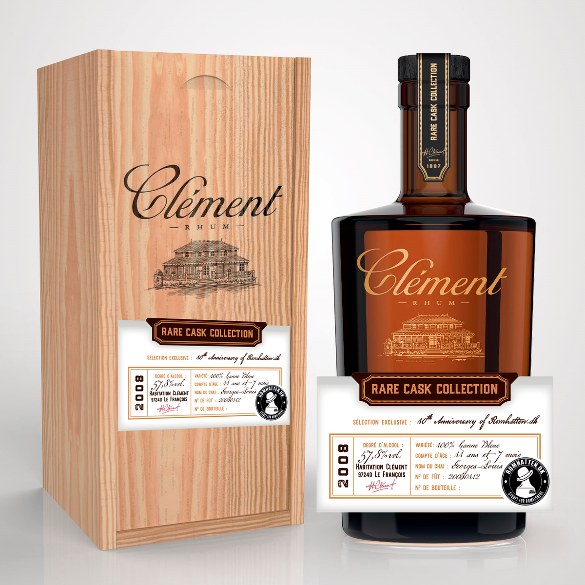 Clément single cask rhum agricole til Romhatten.dk's 10-års jubilæum, flaske og trækasse