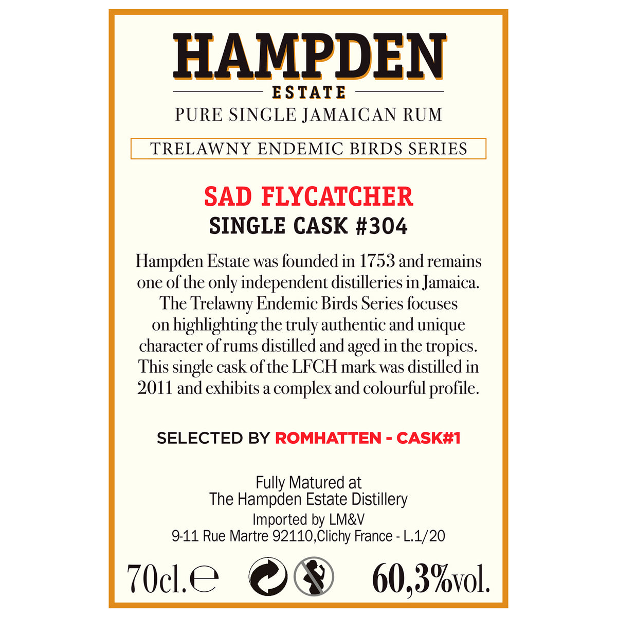 Bagetiket på Hampden Sad Flycatcher single cask #304, LFCH-mark, 60,3 %