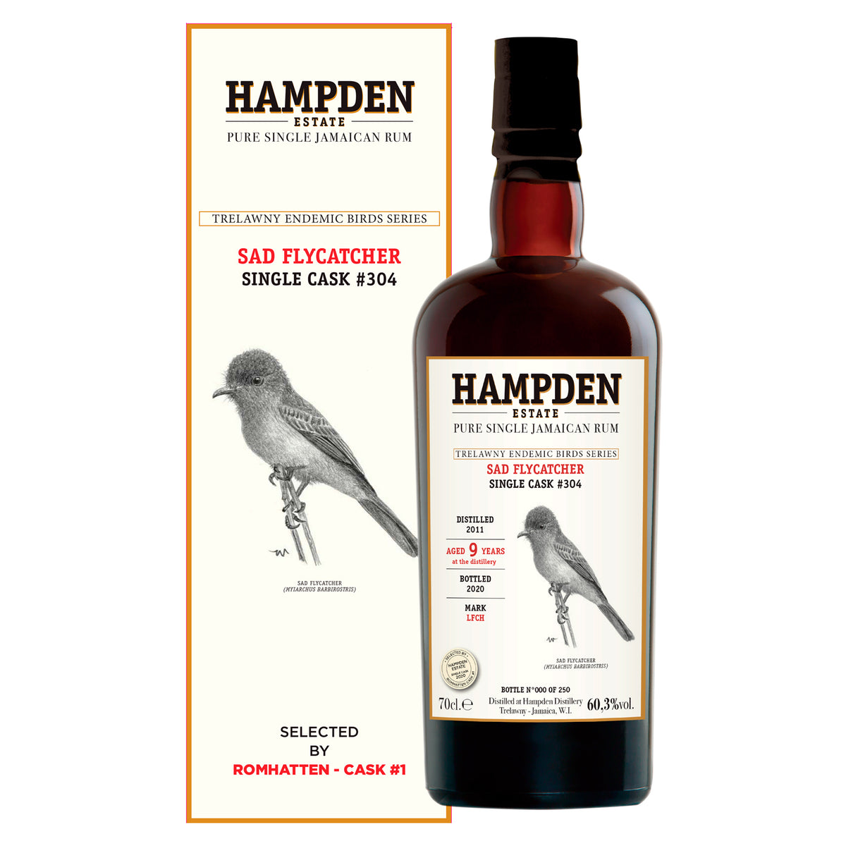 Hampden 2011 Sad Flycatcher single cask #304 – Romhatten Cask #1, flaske og æske