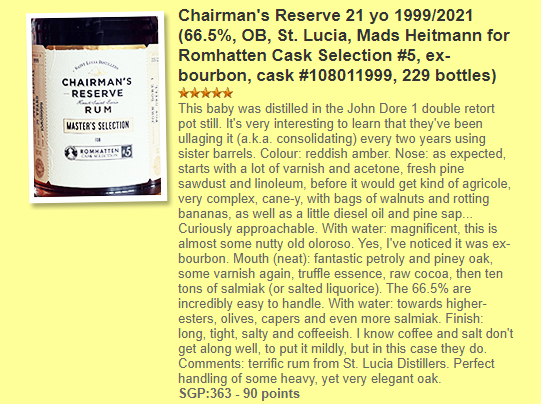 Whiskyfun-anmeldelse af Chairman's Reserve 21 år 1999/2021 Romhatten Cask #5: 90 point