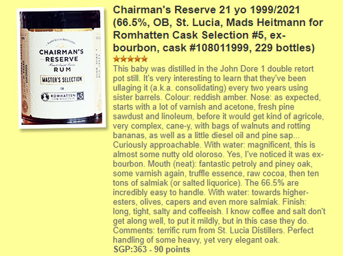 Whiskyfun-anmeldelse af Chairman's Reserve 21 år 1999/2021 Romhatten Cask #5: 90 point