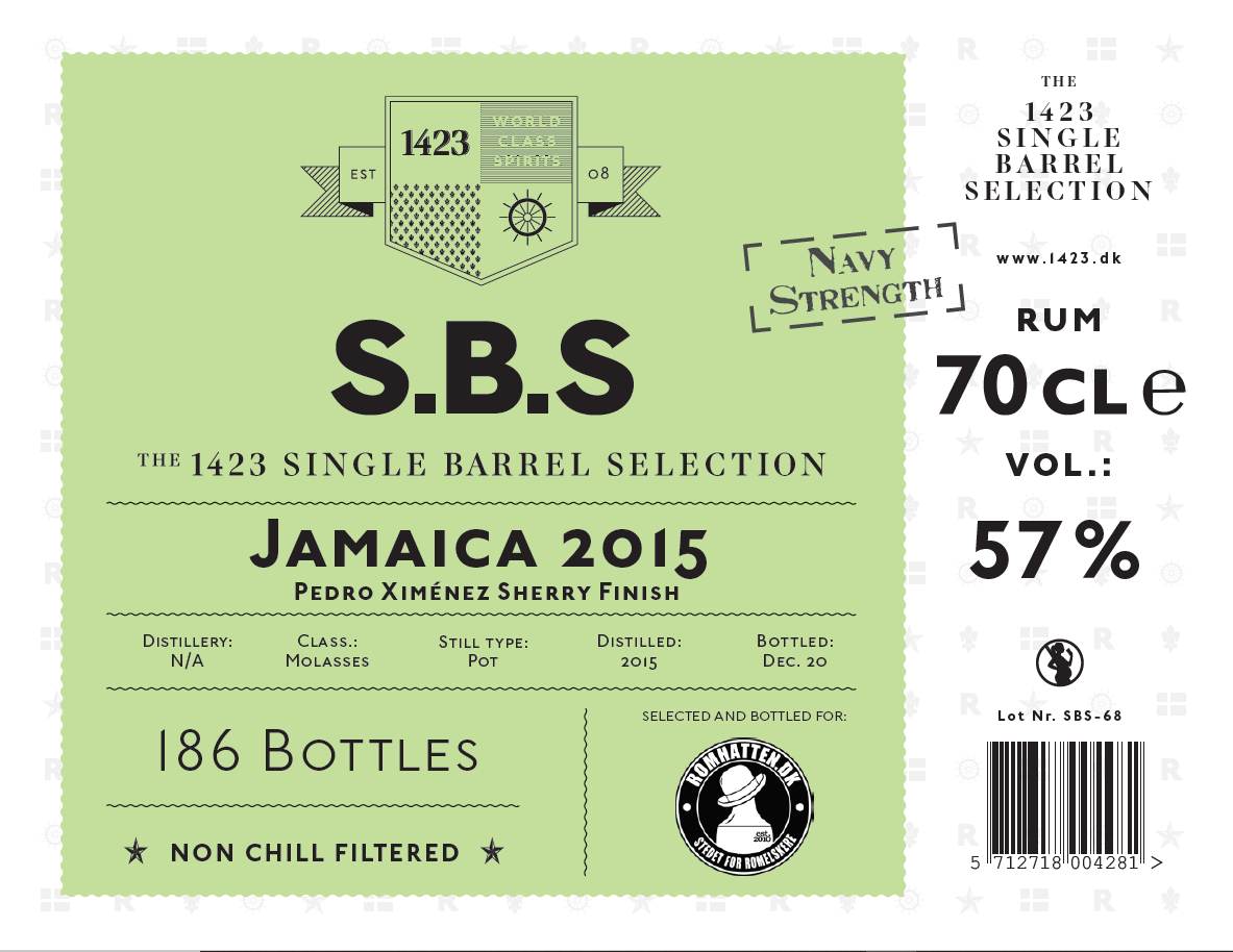 Etiket på S.B.S Jamaica 2015 PX Finish: navy strength 57 %, 186 flasker, 70 cl